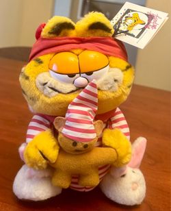 Garfield (Vintage Plush) PJ’s, Bunny Slippers, Santa Hat and Teddy Bear