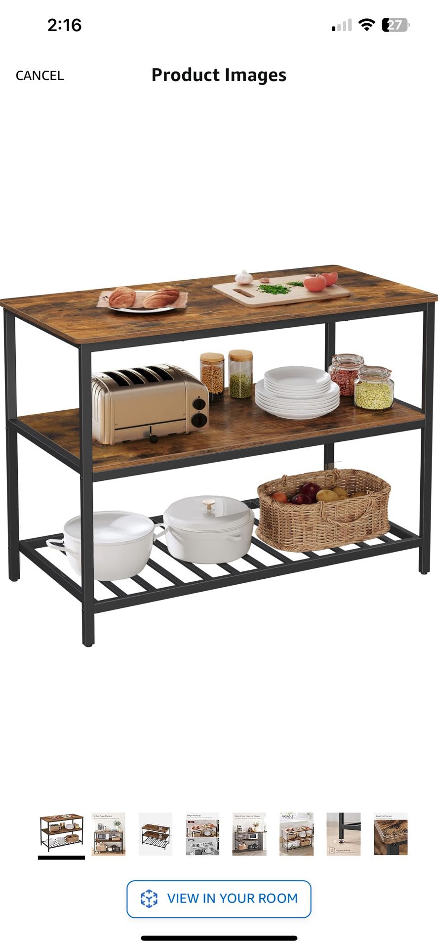 VASAGLE Kitchen Island with 3 Shelves, 47.2 Inches Kitchen Shelf with Large Worktop, Stable Steel St