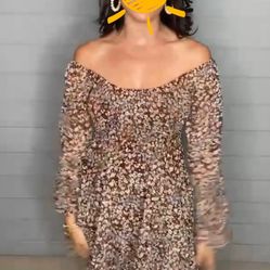 Brown Dress W/ Blue flowers 