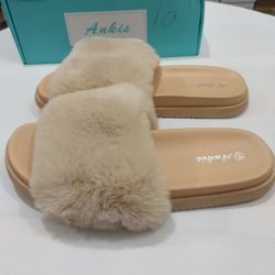 Ankis Fur Slides-Cute Chic Versatile Pretty Soft Platform Slides, Open Toe SZ 10
