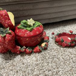 Vintage strawberry cookie jar and candle holder 