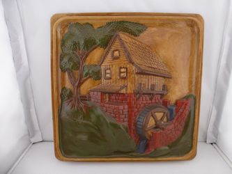 Vintage 3D Water Mill Scene Wall Hanging Plaque Relief Sculpture Cabin - Q7