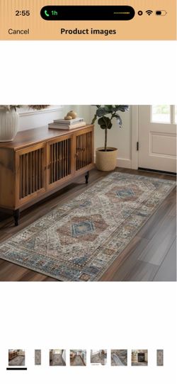 GENIMO 3x8 Non Slip Runner for Hallway,Washable Kitchen Rugs Blue Grey Machine Washable Boho Vintage Rug, Lightweight Thin & Low Pile Carpet for Laund