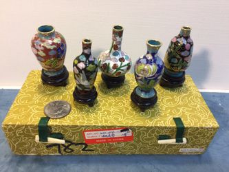 Chinese CLOISONNÉ MINI-VASES with wood base stands Vintage 1970s