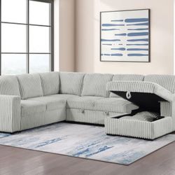 Sleeper Sectional With Storage Chaise In Grey Corduroy Fabric! 