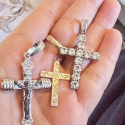 3 Vintage Silver Tone Cross Pendants 