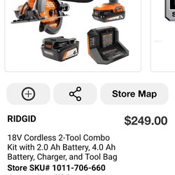 Brand new rigid 18 volt two tool combo kit with 14 amp battery and two amp battery