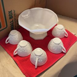 Milk Glass Punch bowl With Matching Cups