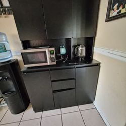 74” Freestanding Kitchen Pantry Cabinet + Microwave – Black