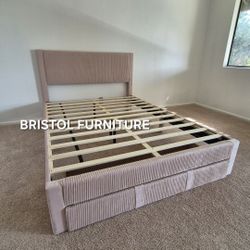 💝 Bed Queen Frame, Light Pink, Corduroy Fabric, New in the Box.
