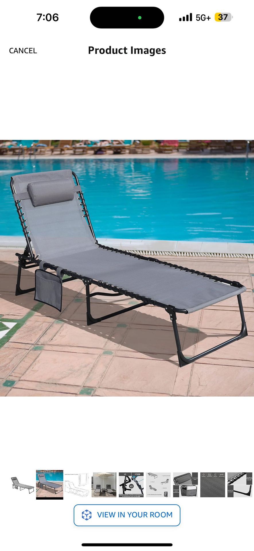 2 of Fold Patio Chaise Lounge Chair for Outdoor with Detachable Pocket and Pillow, Portable Sun Lounger Recliner for Beach, Camping and Pool, Grey
