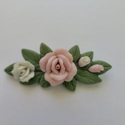 Vintage Porcelain Bar Brooch Pin Pink White Handmade Flowers Jewelry 