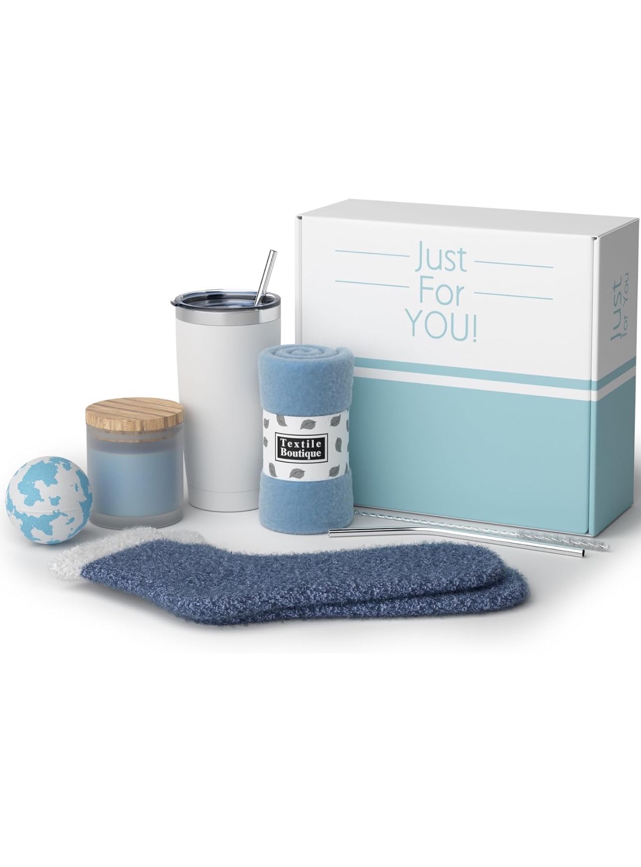 Get well soon gift baskets for women, sympathy gift baskets, care package, self care gifts for women, coffee mug, white and light blue