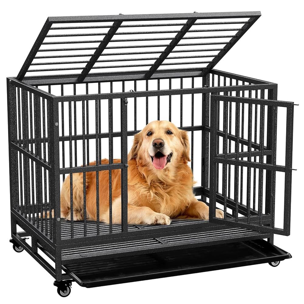 Dog Crate with Removable Tray, 37/42/46 Inch Indestructible and Escape Proof Steel Dog Cage Kennel for High Anxiety Dogs, Heavy Duty Dog Crate with Wh
