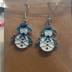 Snowman Dangle Hook Earrings, Silver 