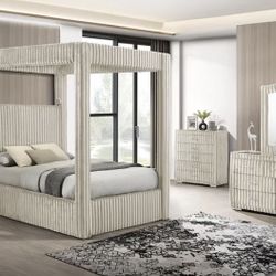 Beige Corduroy Queen Bedroom Set 