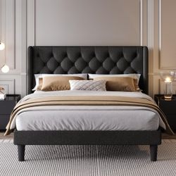 Queen Size Platform Bed Frame with Upholstered Headboard