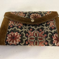 Vintage Genuine Cowhide Brown Leather Wallet w/Floral Tapestry Print & Pockets