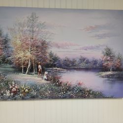 An impressionist oil painting on canvas that depicts a mother and daughter near a lake. 