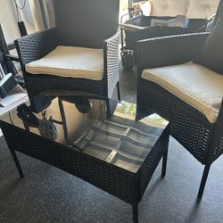 Modern Outdoor Patio Conversation Set – 2 Chairs + Glass Coffee Table