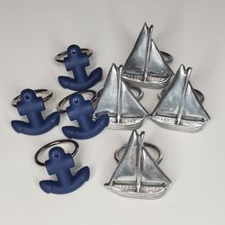 Nautical Silver Pewter Sailboats And Blue Anchors Napkin Rings Holders 