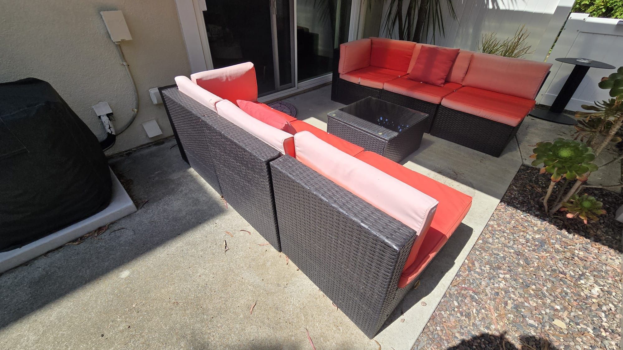 Title: Red 7 Pieces Outdoor Sectional Sofa Patio Furniture Set Manual Weaving with Cushion and Glass Table Description: Red 7 Pieces Outdoor Sectiona