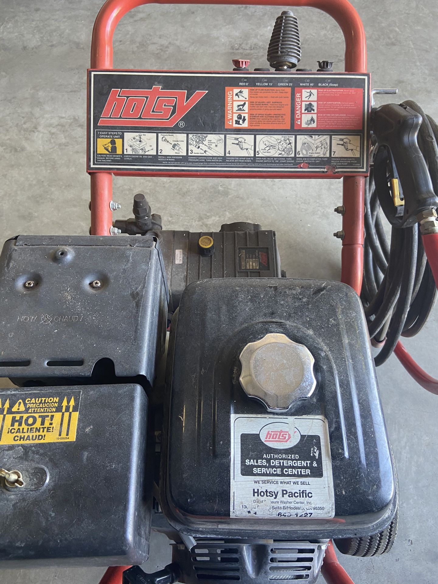 Hotsy pressure washer with 13 HP Honda motor.