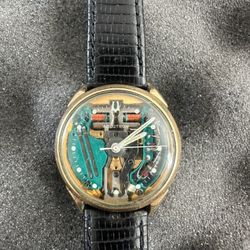 Original 1969 Accutron 10kt. G.F. / Stainless Waterproof Tuning Fork Spaceview Wrist Watch With Real Leather Band.