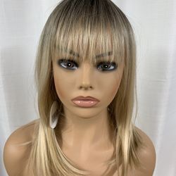 15 Inch Blonde With Gold Highlights Synthetic Wig With Bangs And Dark Ash Roots