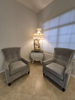 2 Like New Elegant High Back Nailed Beaded Accent Chairs