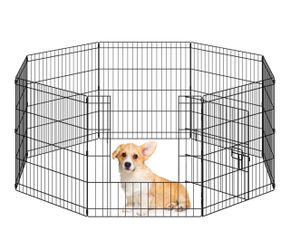 24" H 8-Panel Foldable Metal Dog Playpen Indoor Outdoor w/Door Durable Frame, Safety Latch Gate, Custom Multi-Shape, Tool-Free Setup, Exercise Fence F
