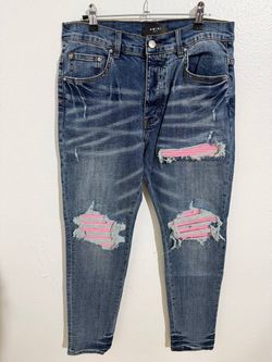 AMIRI BLUE DISTRESSED PINK PATCH DENIM JEANS NEW COLLECTION