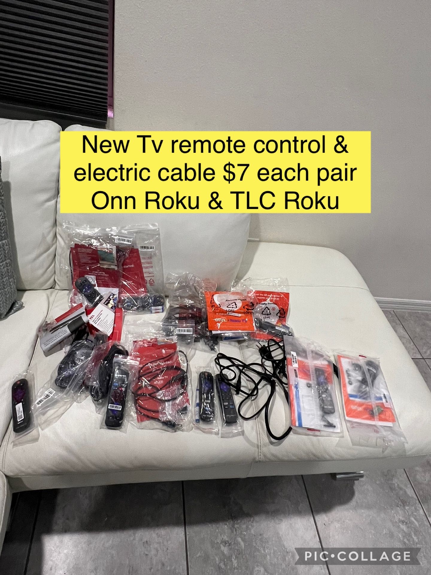 New Tv remote control & electric cable $7 each pair Onn Roku & TLC Roku