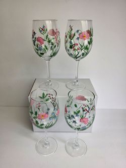 Wine Glasses 4-Piece 13 oz. Stemmed Hand Painted Wild Flowers & Dragonflies