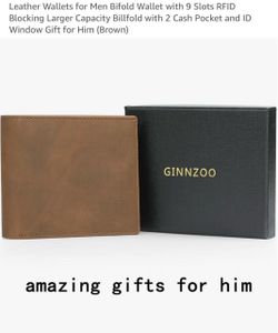 Leather Wallets for Men Bifold Wallet with 9 Slots RFID Blocking Larger Capacity Billfold with 2 Cash Pocket and ID Window Gift for Him (Brown)