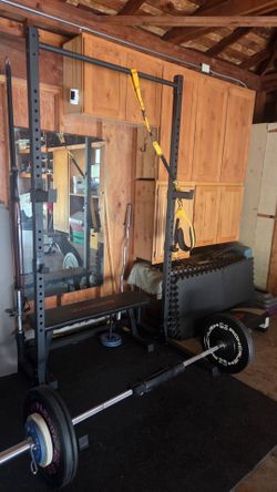 Barbell, rack, weight plates