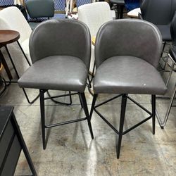 CHITA 27" Swivel Upholstered Counter Bar Stools Set of 2 with Back & Metal Legs, Faux Leather in Retro Gray