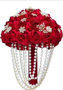Red Satin Rose Bridal Bouquet with Pearls