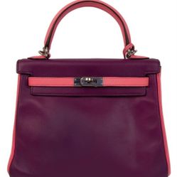 Hermes Kelly 25 Retourne Bubblegum & Purple Swift Leather with Palladium Hardware