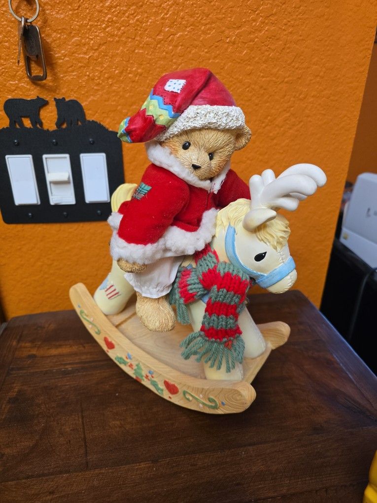 Cherished Teddies Christmas Figurine Large Bear Santa Rocking Horse Vintage Retired #629618 Tis The Season For Deer Friends Music Box Jingle Bells
