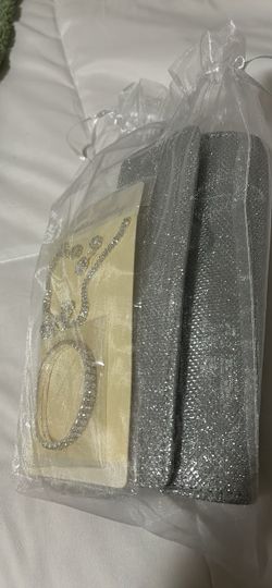 Silver Glitter Clutch Bag with Rhinestone Jewelry Set