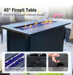 Leather Grain 44.88 in. x 24.8 in. 50,000 BTU Rectangle Metal Gas Fire Pit Table with Lid and Blue Fire Glass