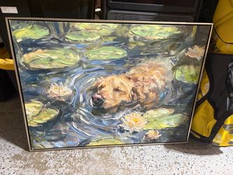 Framed Canvas Painting Dog in Lily Pond