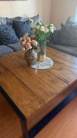 Custom Amber Wood & Metal Coffee Table