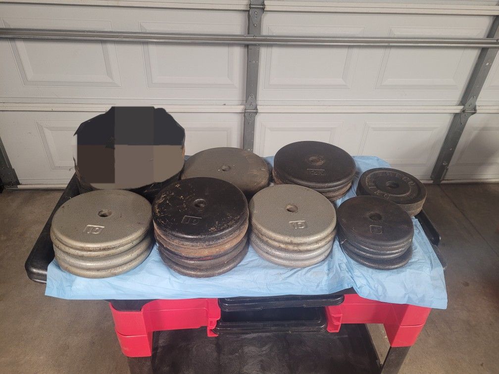 SET OF 23 WEIGHT PLATES, 5 DUMBELLS BARS AND 1 TRICEPS BAR. ALL FOR 1 INCH CENTER HOLE WEIGHT PLATES. 230LBS WEIGHTS AND 6 BARS. $300.00 OR BEST OFFER