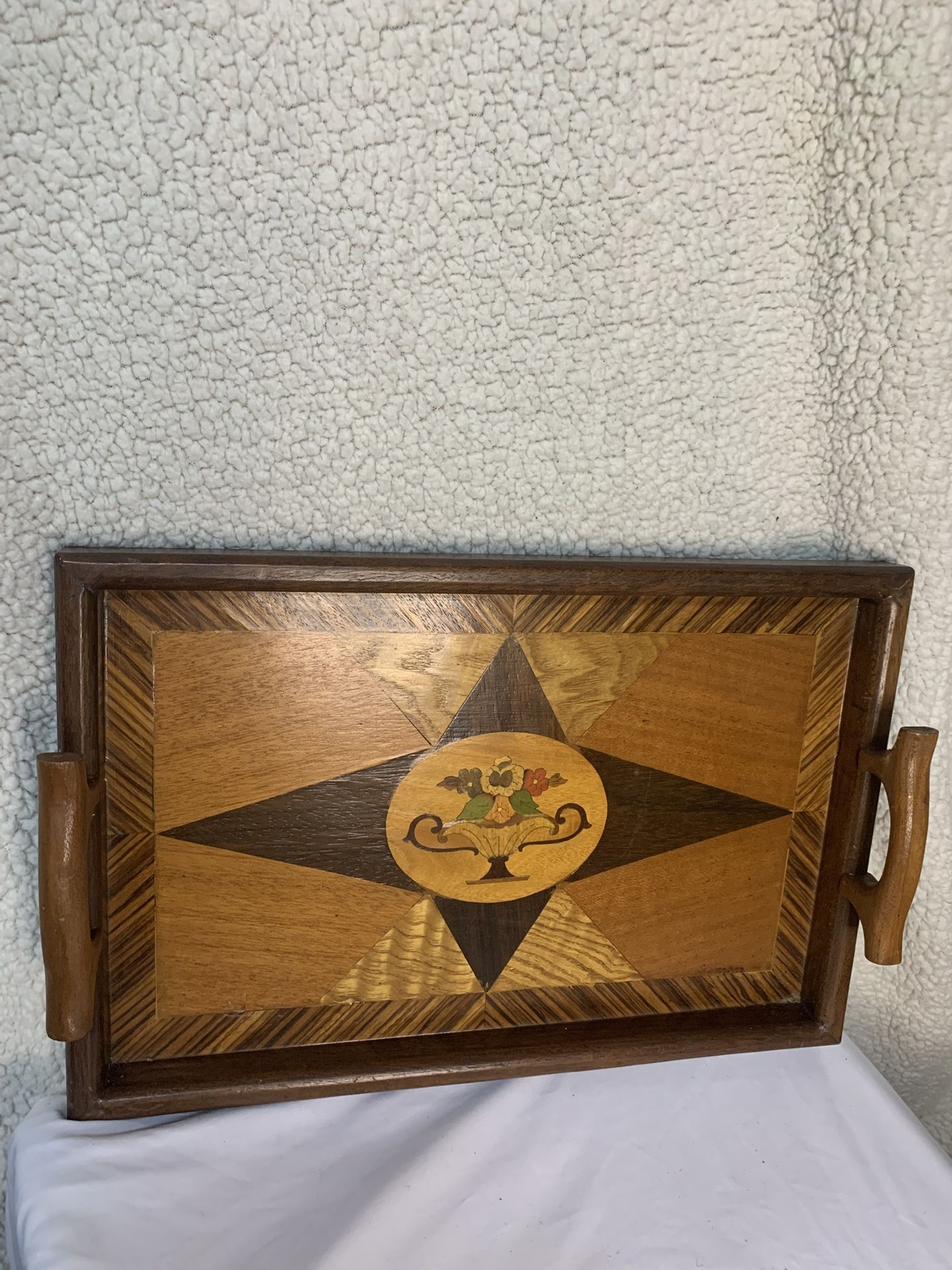 Vintage 17”x11” Wood Inlay Serving Tray with Starburst Design | Mid Century Marquetry Handles