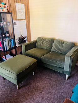 Olive Green Velvet Loveseat and Ottoman Set