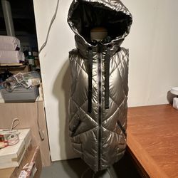 Vest Quilted Hooded Drawstring 3/4 Length Silver Jacket Puffer Parka Accents  Size L