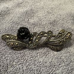 Vintage 925 Sterling Silver Marcasite & Black Rose Brooch – Floral Design Pin