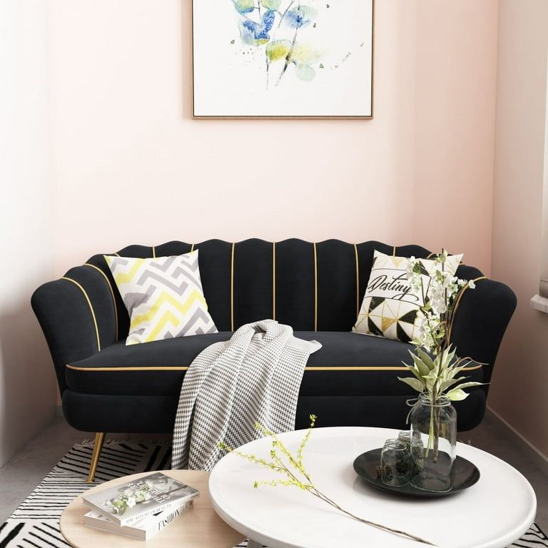Loveseat Couch, Modern Velvet Sofa Accent Upholstered Settee, 2 Seater Small Loveseat for Bedroom, Living Room (Black)